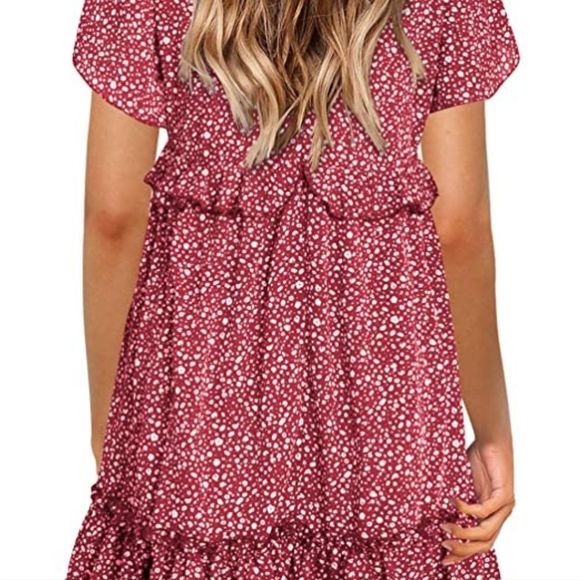 NWT FOWSMON Womens Ruffle Flowy Swing Dress Short Sleeve V Neck Loose Fit - Picture 3 of 7